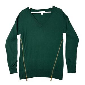 Michael Kors Women's Sweater Gold Zipper Emerald Green Modern Holiday Chic Sz S